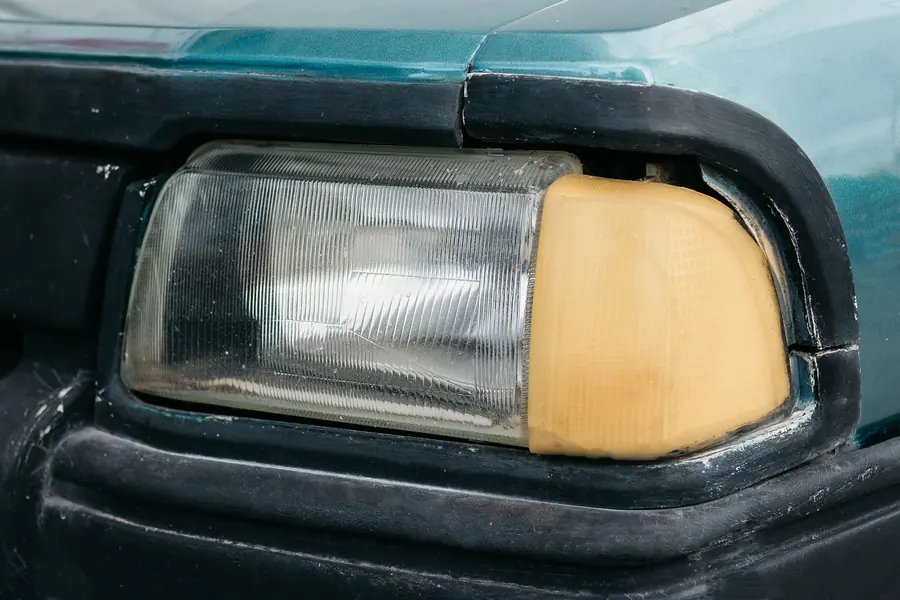 Faros de coche opacos: Faro de auto opaco y amarillento por el sol